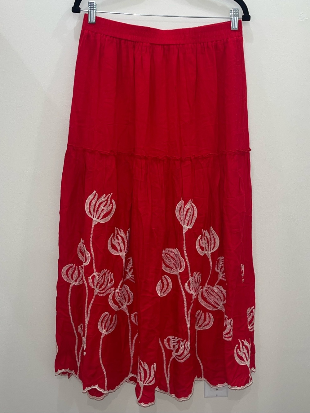 Laffaire red embroidered flower maxi skirt